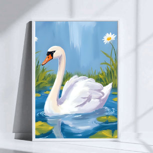 Poster Cisne Branco   Pintura de Ave em Aquarela na Lagoa