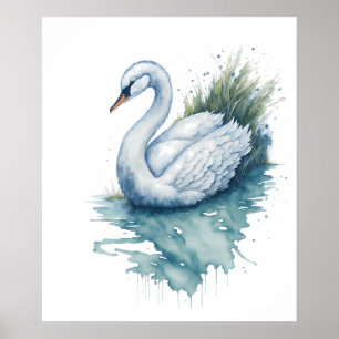 Poster cisne de aquarela respiratória num lago tranquilo