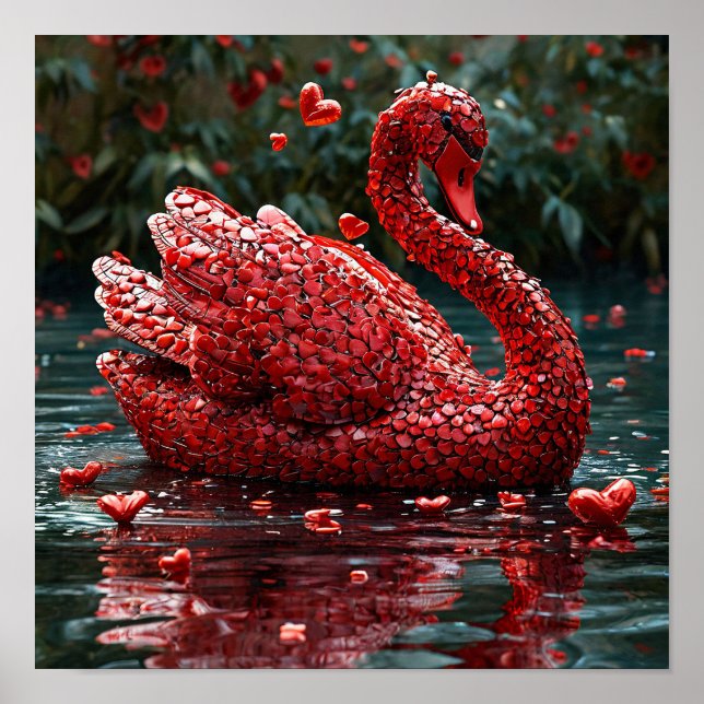 Poster ❤️ Cisne de Coração Vermelho Arte de Parede Românt (Frente)