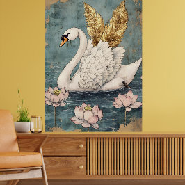 Poster cisne majestoso com asas douradas flutua sobre a á