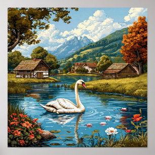 Poster Cisne romântico Natureza Elegante Decoração de Cas
