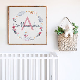 Poster Cisne rosa-claro e coroa floral com monograma w