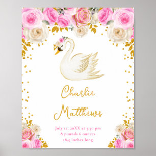 Poster Cisne Rosas Rosa e Dourado Estatísticas de Nascime