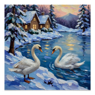 Póster Cisnes Antigos em uma Pintura de Natal de Lago de