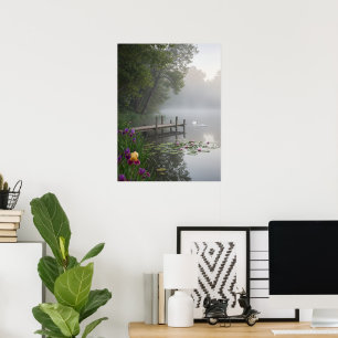 Poster Cisnes do Lago Nebuloso Lírios-d'água Arte da Natu