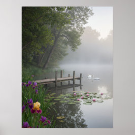 Poster Cisnes do Lago Nebuloso Lírios-d'água Arte da Natu