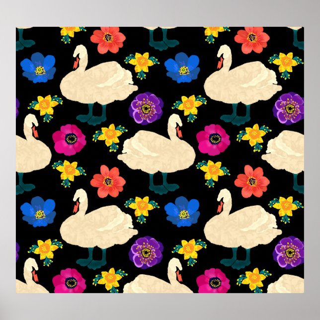 Poster Cisnes, flores, fundo preto desenhado à mão. (Frente)