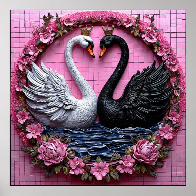 Poster Cisnes Pretos e Brancos Elegantes com Coroa (Frente)