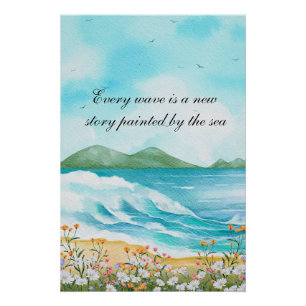 Póster Citação do Oceano Aquarela Praia Mar Arte
