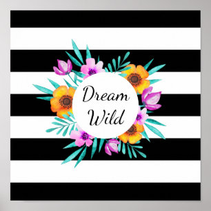 Póster Citação "Dream Wild" do Watercolor Floral Wreath