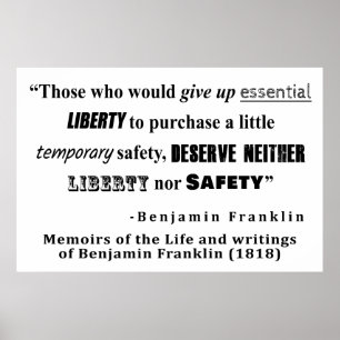 Póster Citações de Benjamin Franklin da liberdade e da