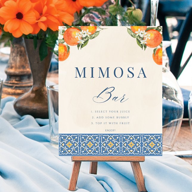 Poster Citrus Azulejo Azul Italiano Mimosa Bar Sinal Post (Citrus Italian Blue Tiles Mimosa Bar Sign Poster)
