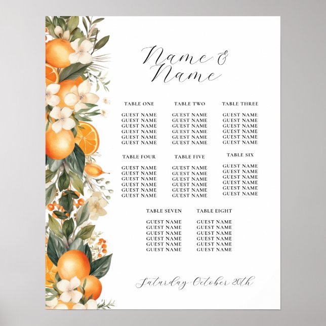 Poster Citrus Mesa 8 Seating Wedding Floral Orange (Frente)