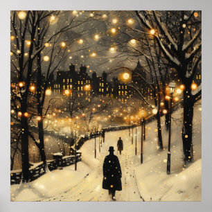 Poster City Lights Winter Men in Black on Sidewalk
