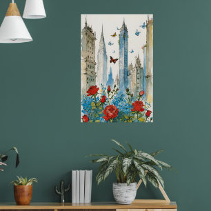 Poster Cityscape com Rosas, Esqueça-me-Noções e Borboleta