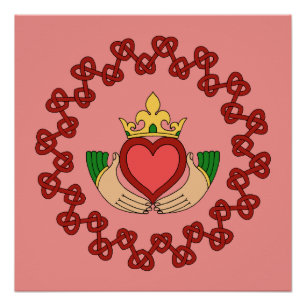 Póster Claddagh e Knotwork vermelho no rosa