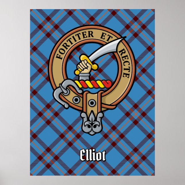 Poster Clan Elliot Crest sobre o Antigo Tartan (Frente)