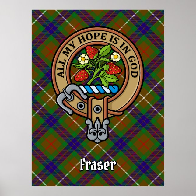 Poster Clan Fraser Crest sobre caçar Tartan (Frente)