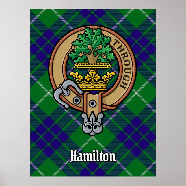 Poster Clan Hamilton Crest sobre caçar Tartan (Frente)