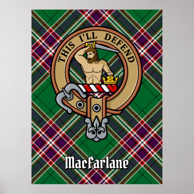 Poster Clan MacFarlane Crest sobre Tartan de caça moderna (Frente)