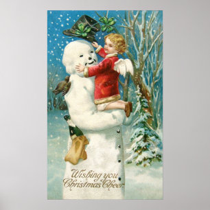 Póster Clapsaddle: Boneco de neve com menina do anjo