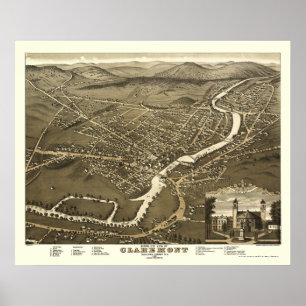 Póster Claremont, mapa panorâmico do NH - 1877