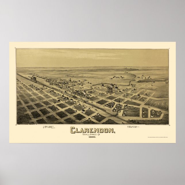 Poster Clarendon, Mapa Panorâmico TX - 1890 (Frente)