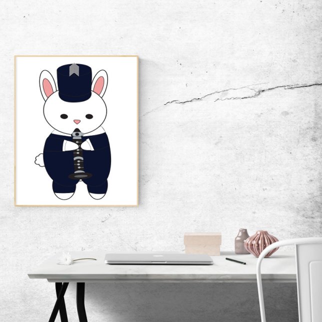 Poster Clarinet Marching Banda Coelho Marinho Coelho Azul (A poster of a bunny rabbit playing the clarinet in a navy blue and white marching band uniform.)