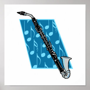 Póster Clarinete baixo com notas azuis do fundo e da