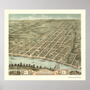 Póster Clarksville, mapa panorâmico do TN - 1870