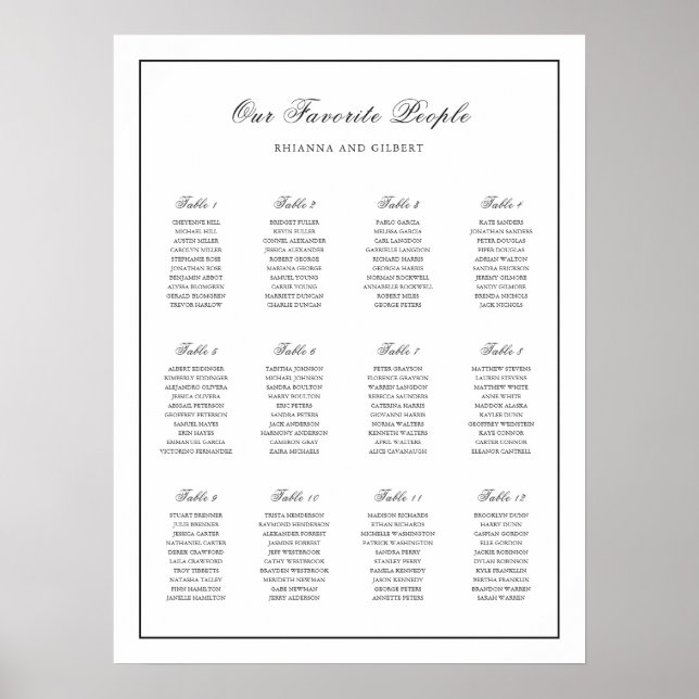 Poster Classic Black and White Wedding Seating Chart (Frente)