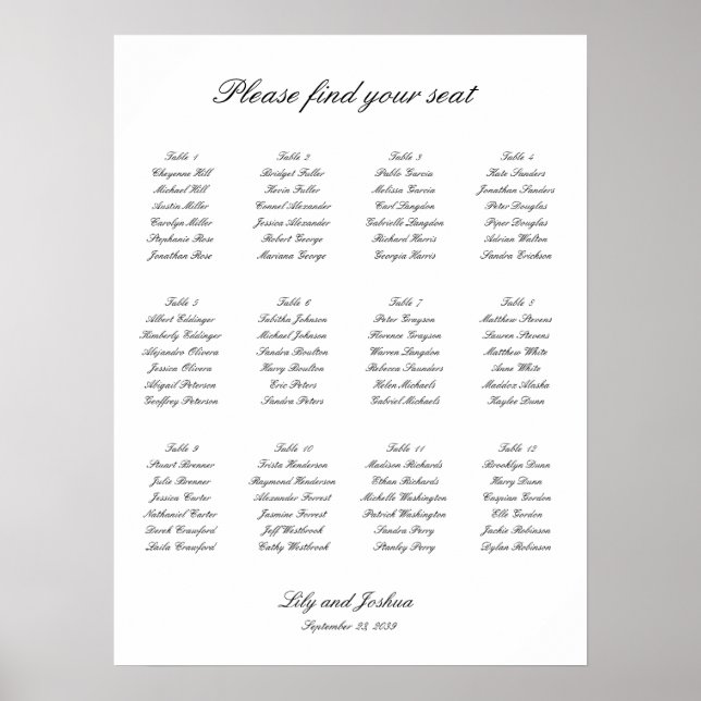 Poster Classic Black and White Wedding Seating Chart (Frente)