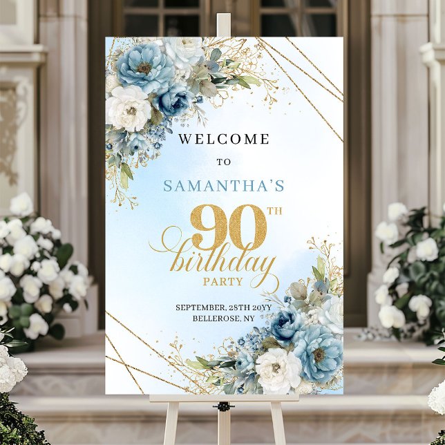 Poster Classic boho blue florals eucalyptus 90th birthday (Classic boho blue florals eucalyptus 90th birthday sign

)