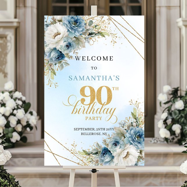 Poster Classic boho blue florals gold frame 90th birthday (Classic boho blue florals gold frame 90th birthday sign

)