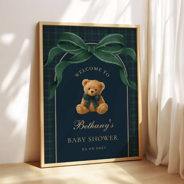 Poster Classic Green Plaid Teddy Bear Baby Shower Welcome (Criador carregado)