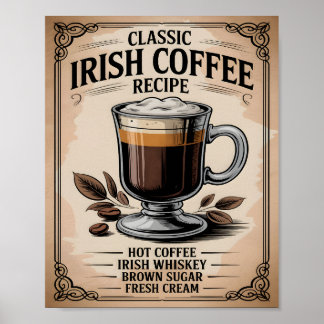 Poster Classic Irish Coffee Recipe Vintage Rustic Kitchen