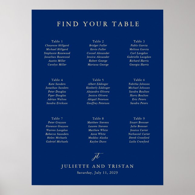 Poster Classic Navy and Cream Wedding Seating Chart (Frente)