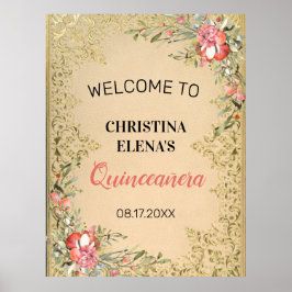 Poster Clássica Vintage Dourada Quinceanera Floral