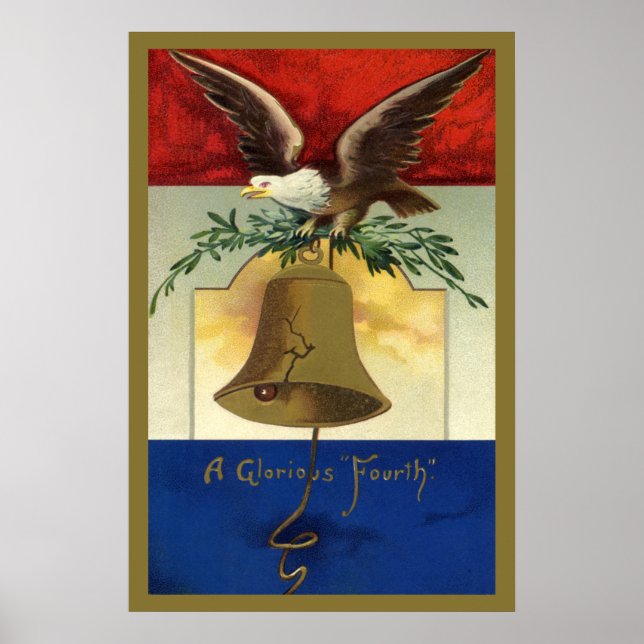 Póster Clássico 4 de Julho com Águia e Sino da Liberdade (Frente)