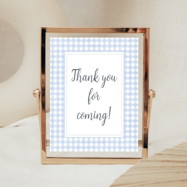 Poster Clássico Azul Gingham Obrigado por vir (Boy Gingham Baby Shower Thank You for Coming Sign)