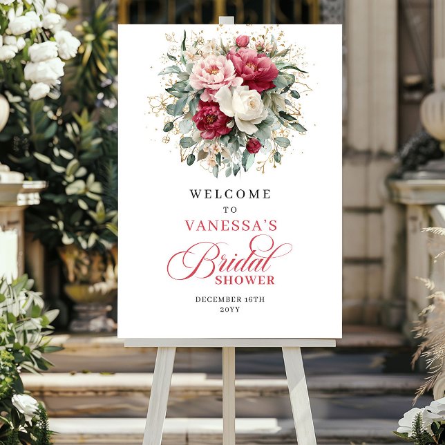 Poster Clássico Burgundy Rosa Floral Chá de Bebê de Noiva (Classic Burgundy Blush Floral Bridal Shower Welcome)