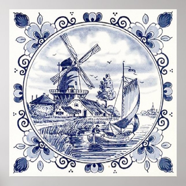 Póster Clássico Chic Vintage Moinho de Vento Holandês Del (Frente)