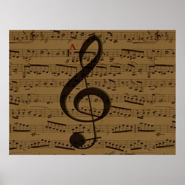 Póster Clássico de Partitura de Clave de Sol Musical  (Frente)