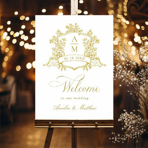 Poster Clássico Floral Crest Dourado Casamento Bem-vindo