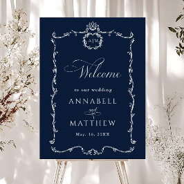 Poster Clássico Moderno Casamento Francês Bem-Vindo Azul