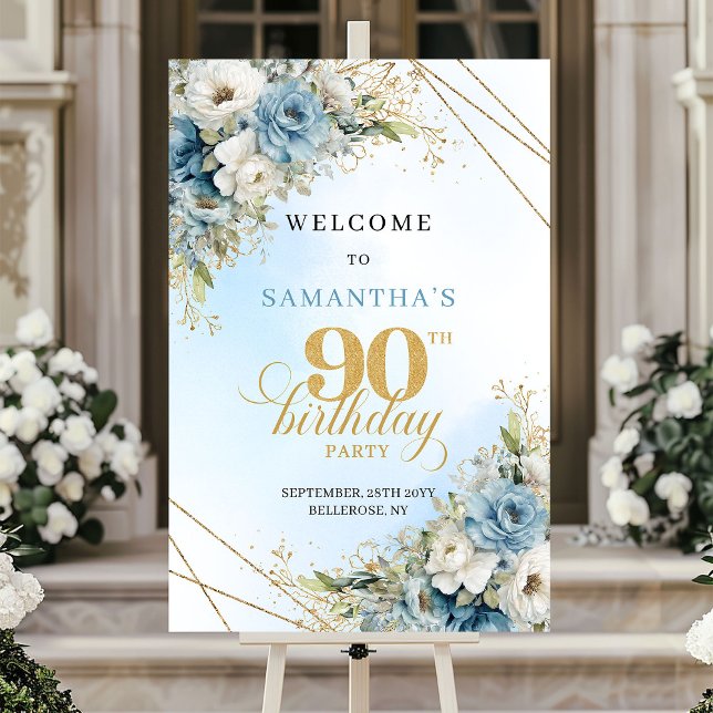 Poster Clássico Rústico azul empoeirado dourado 90 bem-vi (Classic Rustic dusty blue gold 90th birthday welcome)