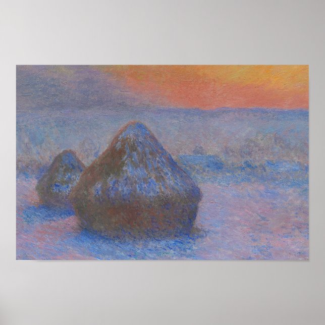 Poster Claude Monet - Pilhas de trigo - pôr do sol, neve (Frente)