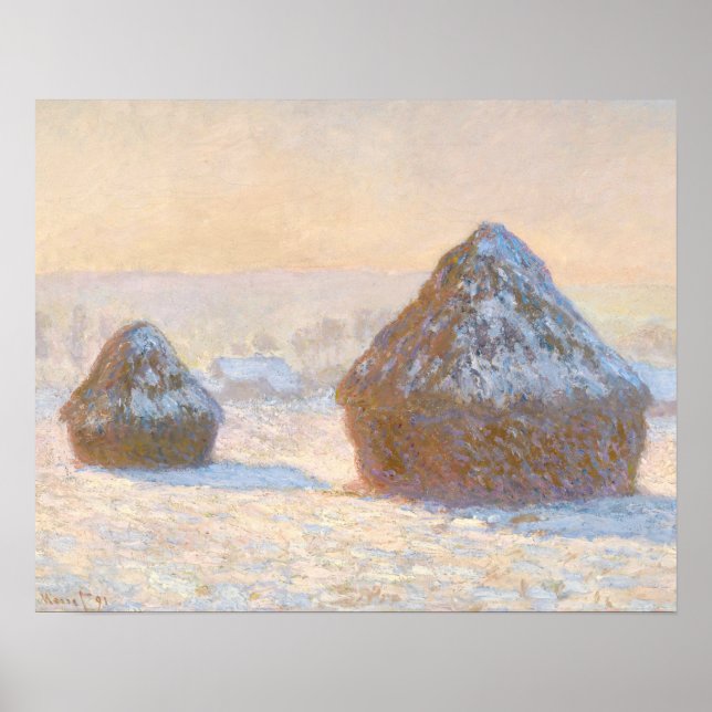 Póster Claude Monet - Wheatstacks, Efeito da Neve, Manhã (Frente)