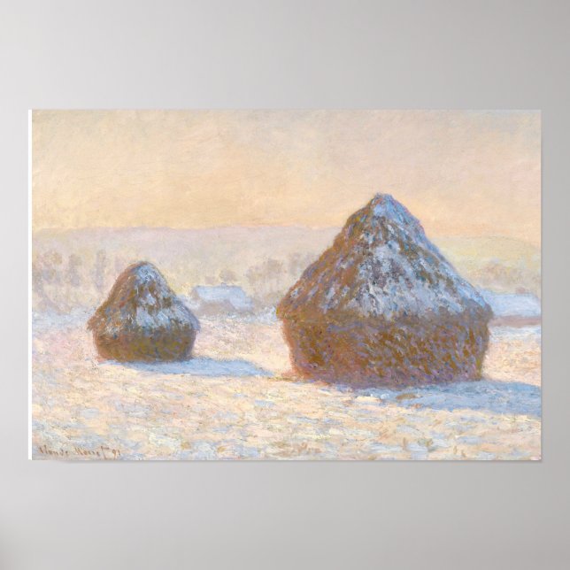 Póster Claude Monet - Wheatstacks, Efeito da Neve, Manhã (Frente)