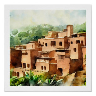 PÓSTER CLAY BRICK VILLAGE ANCIENT ARQUITETTURE WATERCOLOR